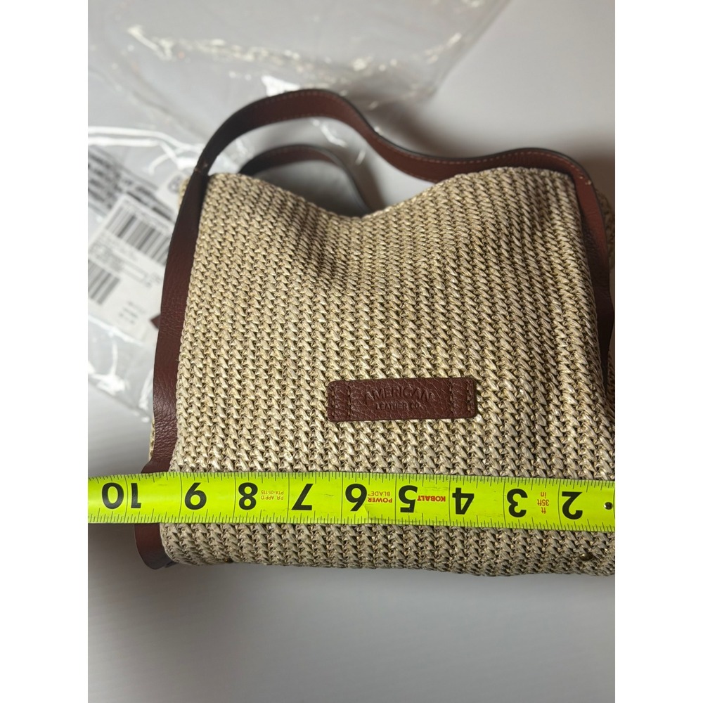 American Leather Co Bag Tan Woven Straw Leather Trim Satchel Crossbody Handbag - Picture 10 of 11